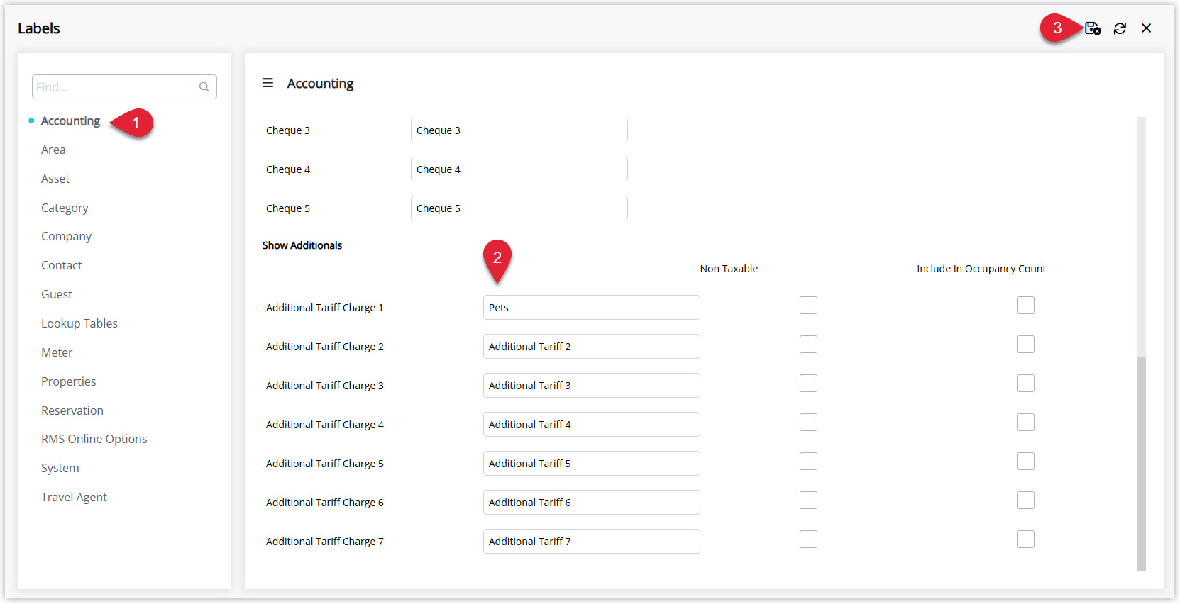 Annotated screenshot of the Labels screen in RMS showing the Accounting category with the Additional Tariff Charge labels and the Non Taxable and Include In Occupancy Count options.jpg