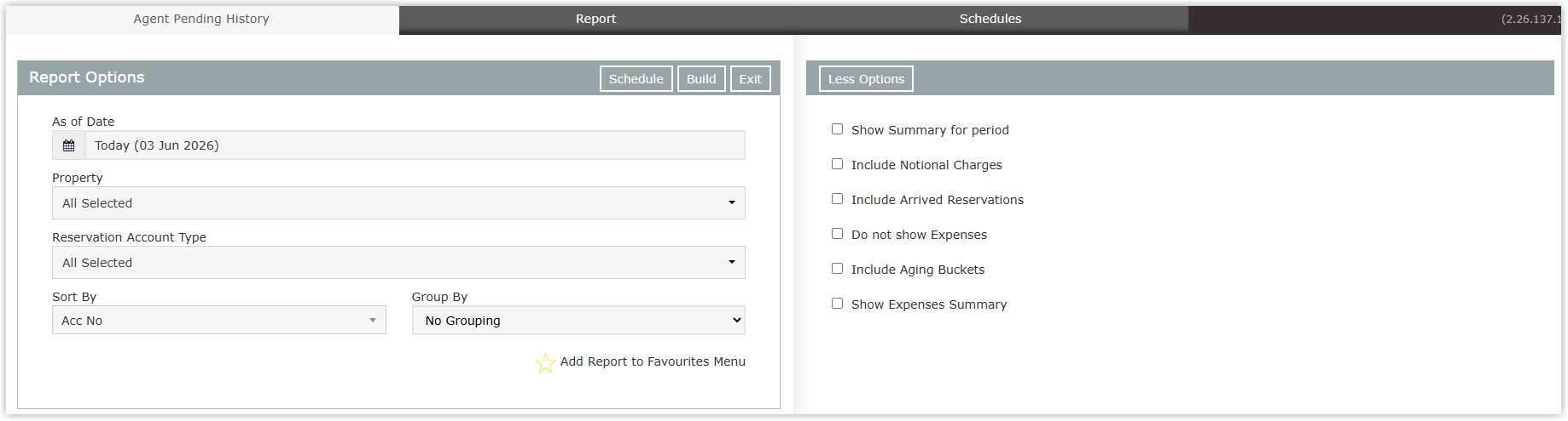 Screenshot of the Agent Pending History report options in RMS showing the As of Date, Property, Reservation Account Type, Sort By and Group By options and the More Options checkboxes