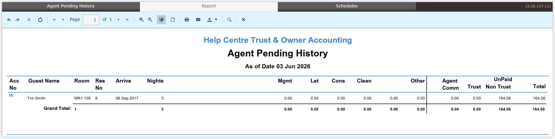 Screenshot of the built Agent Pending History report in RMS showing the column headers and a Grand Total row