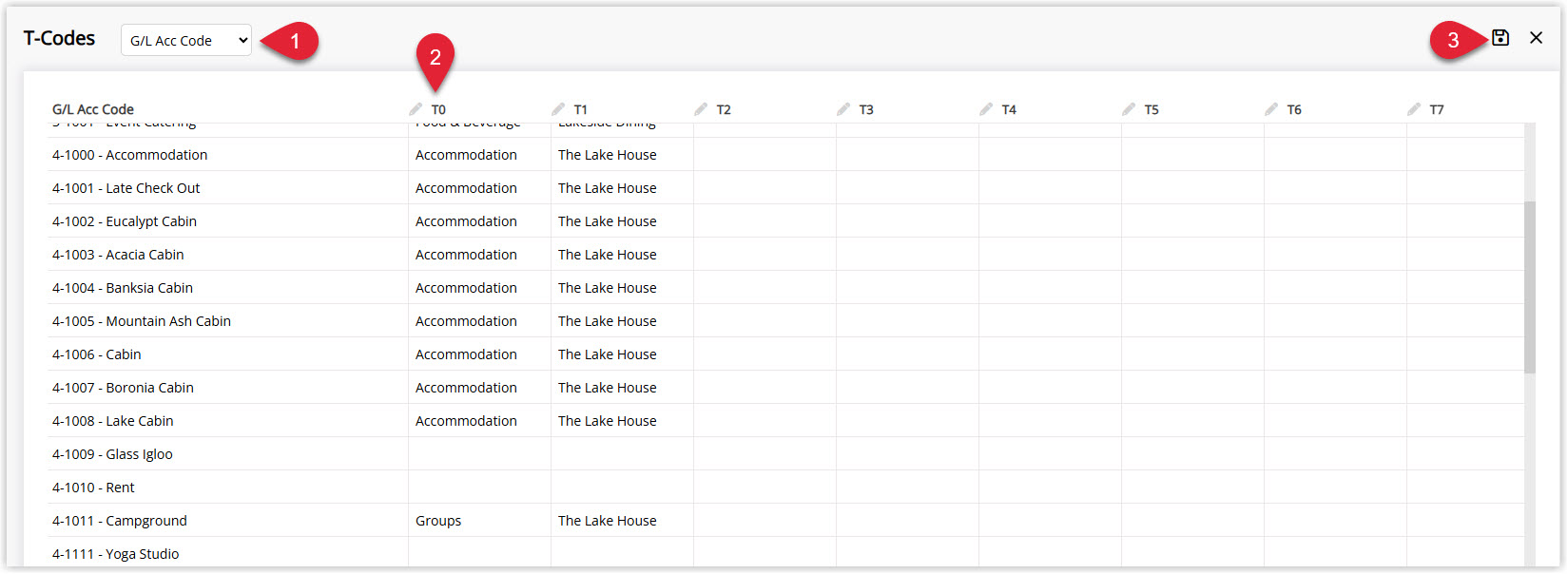 T-codes screen with Associated To set as GL Acc Code T0 column highlighted and the save icon.jpg