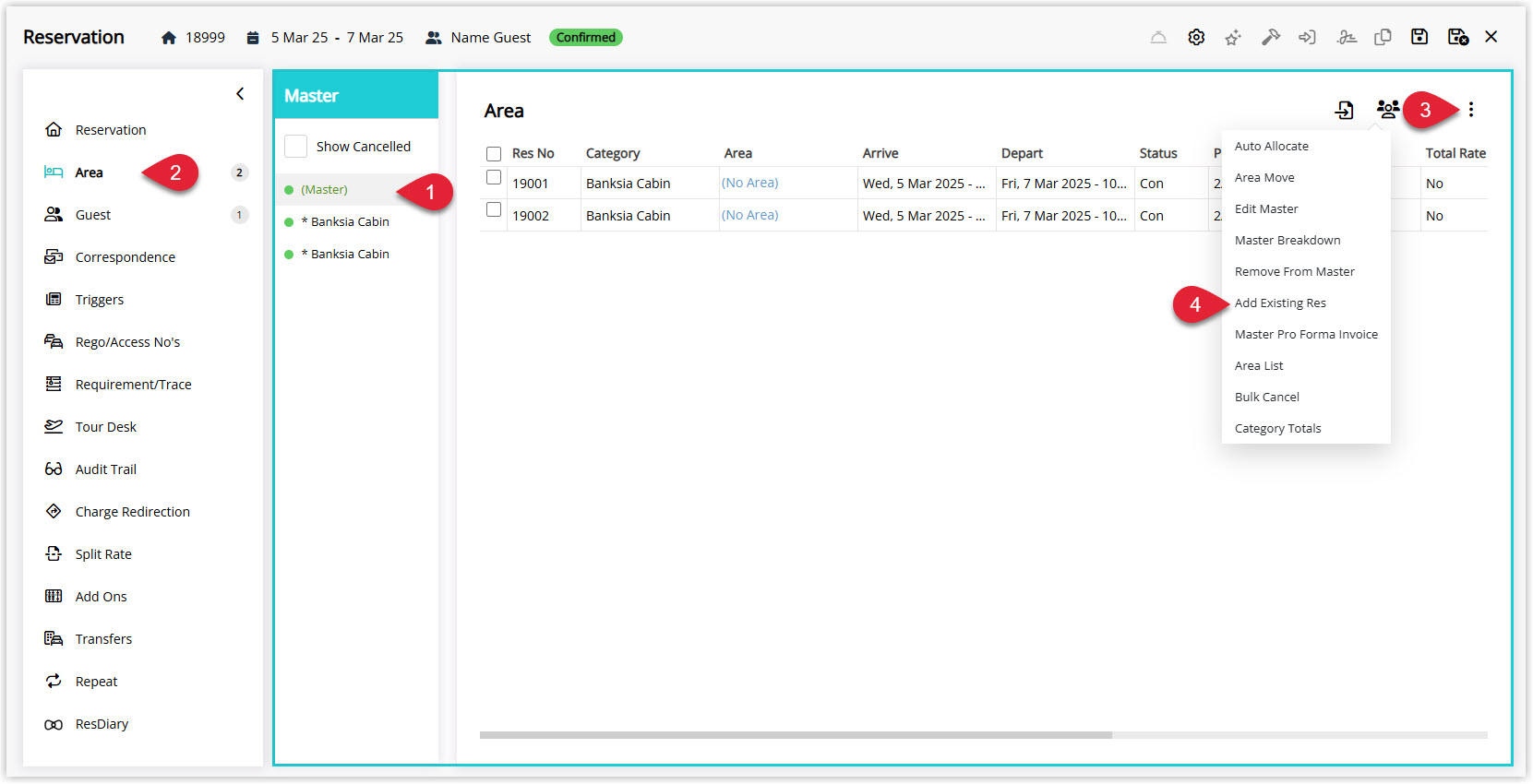 Annotated screenshot of the Master Reservation Area screen in RMS showing the area list with the options menu expanded and the Add Existing Reservation option highlighted.jpg