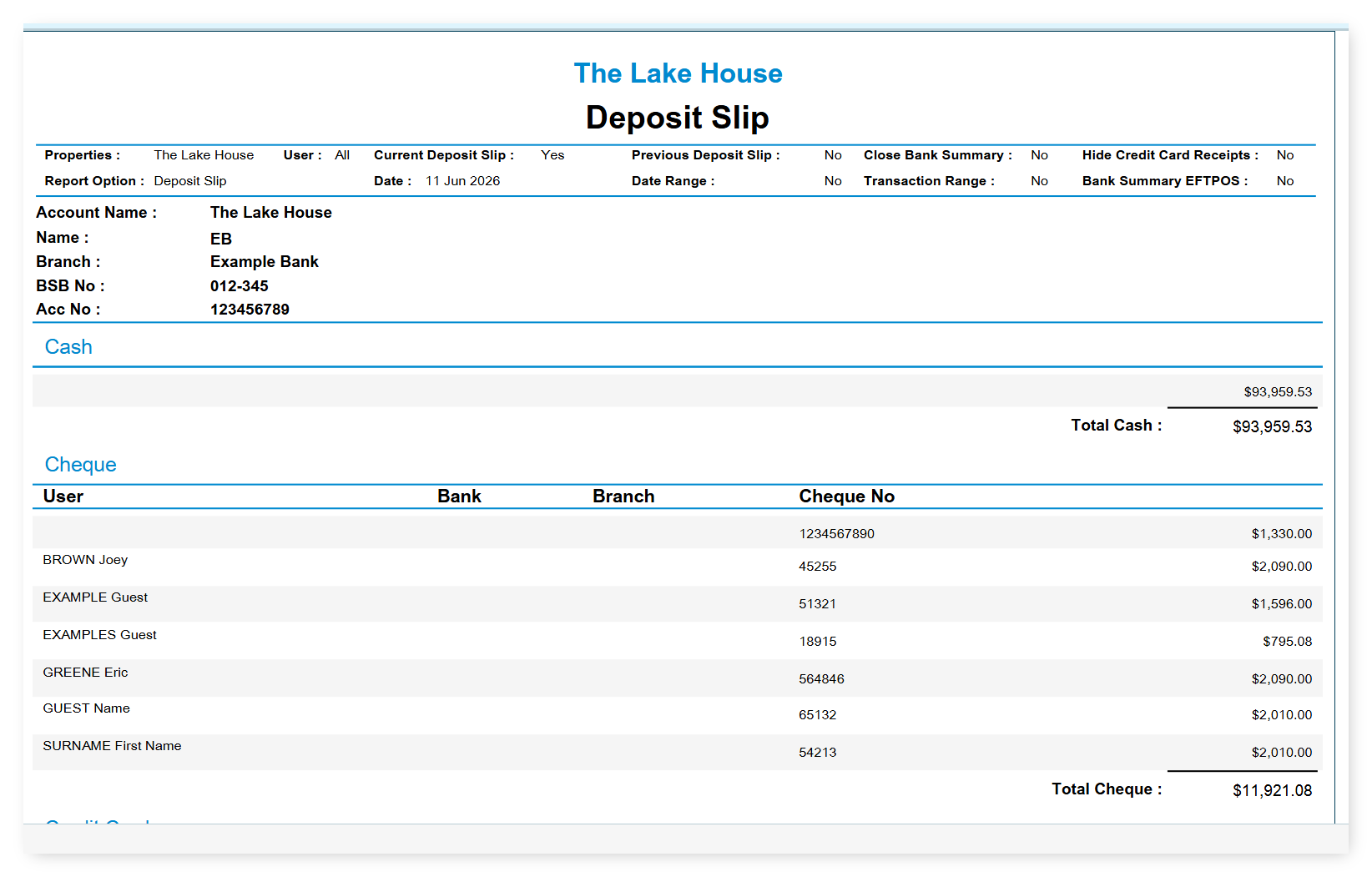 Screenshot of the Deposit Slip report output in RMS showing the cash, cheque, and credit card sections