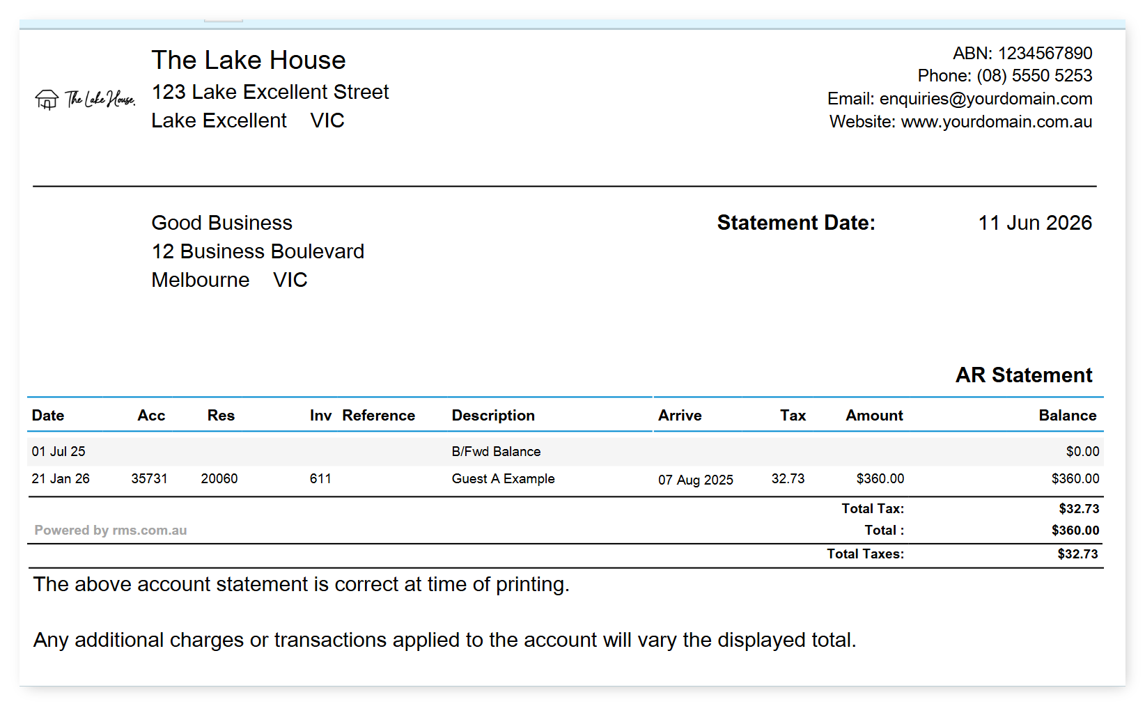 Screenshot of the AR Statements report output in RMS showing a company statement with transaction and balance columns
