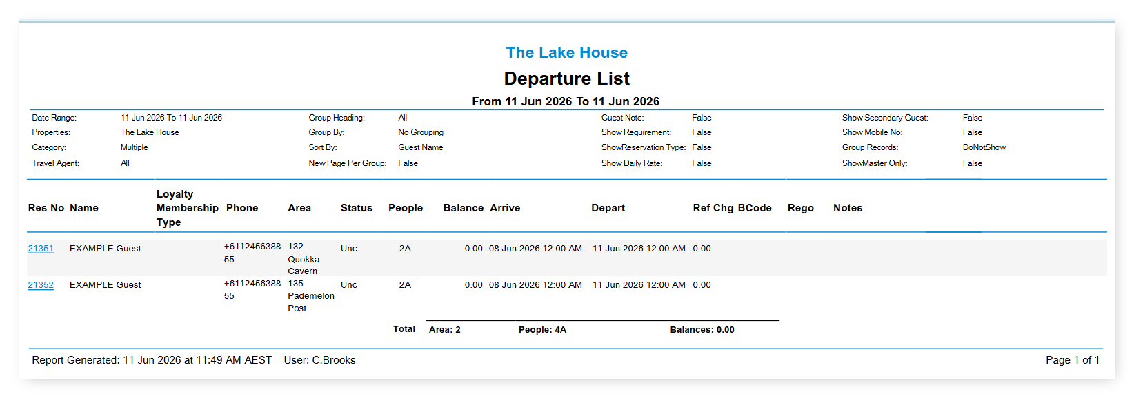 Screenshot of the Departure List report output in RMS showing departing reservations for the selected date
