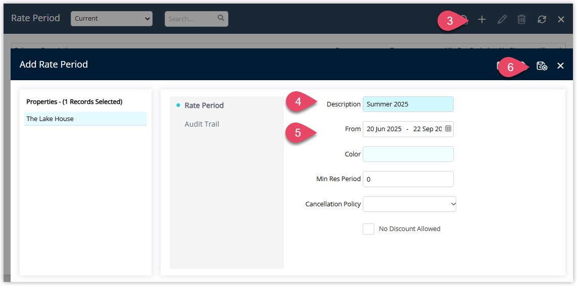 Annotated screenshot of the Add Rate Period dialog in RMS showing the Description and date range fields with the Save button highlighted.png