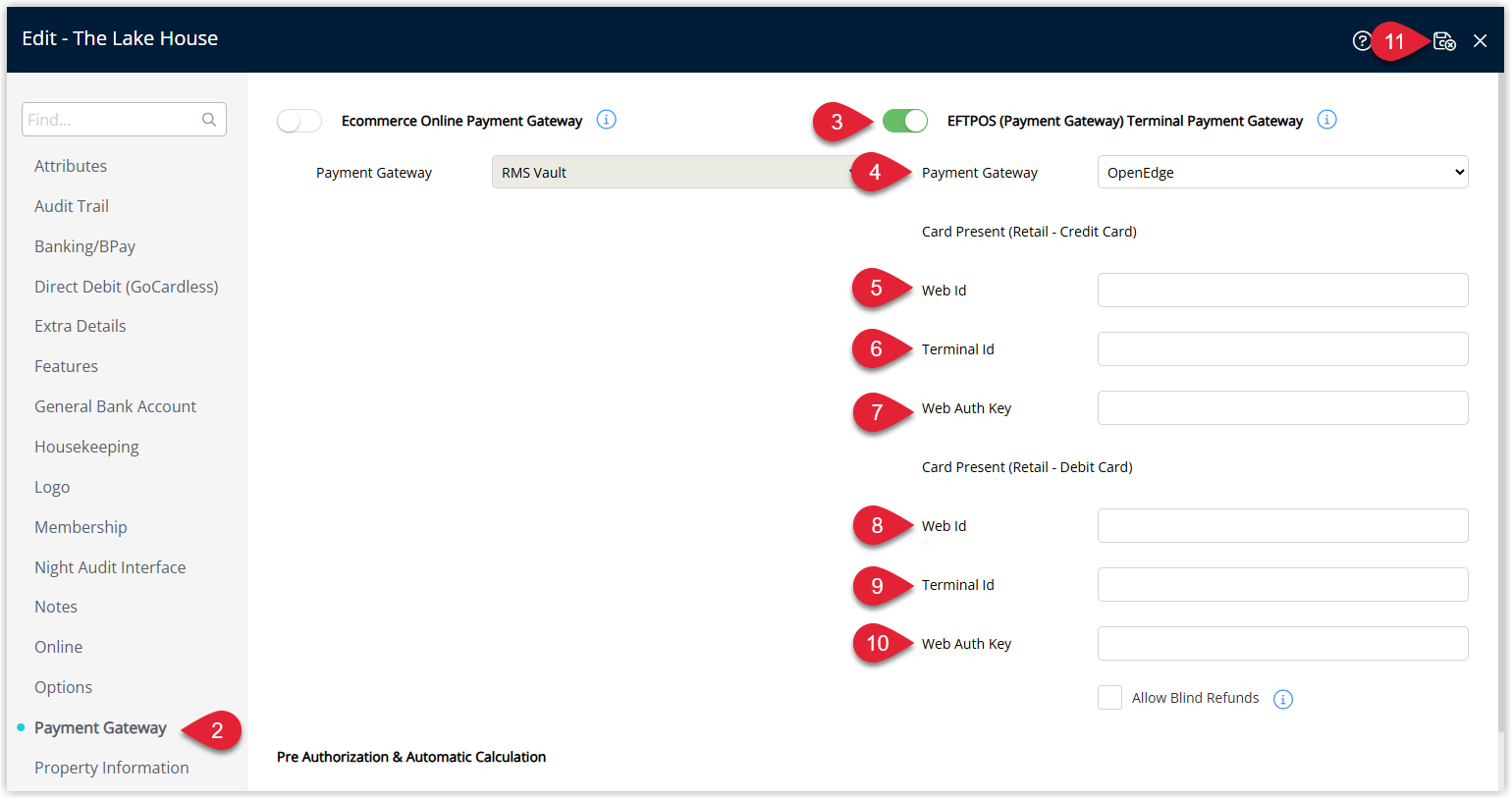 Annotated screenshot of the Payment Gateway tab in RMS showing the EFTPOS Terminal Payment Gateway enabled with OpenEdge.png