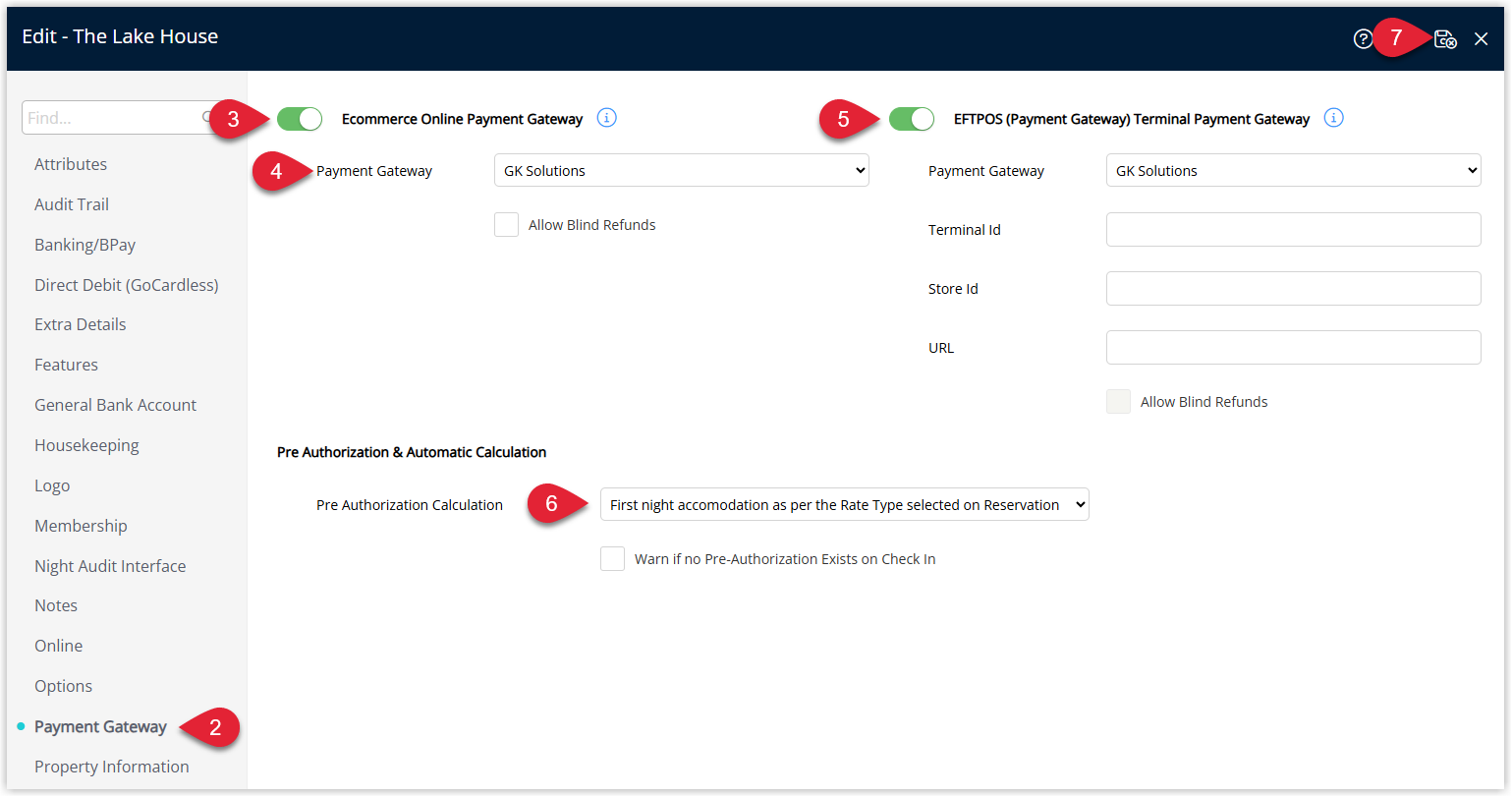 Annotated screenshot of the Payment Gateway tab in RMS showing the Ecommerce and EFTPOS Terminal Payment Gateways enabled with GK Solutions selected and the Terminal ID, Store ID, and URL fields.png