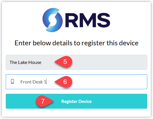 Screenshot of the Guest Portal Device Registration screen in RMS showing a Property selection drop-down and Device Name field used to register the current device for that property..png