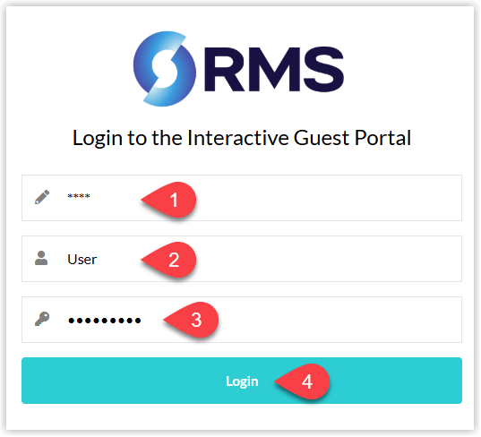 Annotated screenshot of the Interactive Guest Portal login screen in RMS with the username and password fields and the Login button highlighted