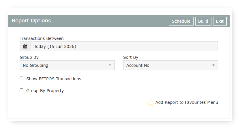 Screenshot of the Payment Gateway Settlement report options screen in RMS showing the Transactions Between, Group By, Sort By, Show EFTPOS Transactions and Group By Property options