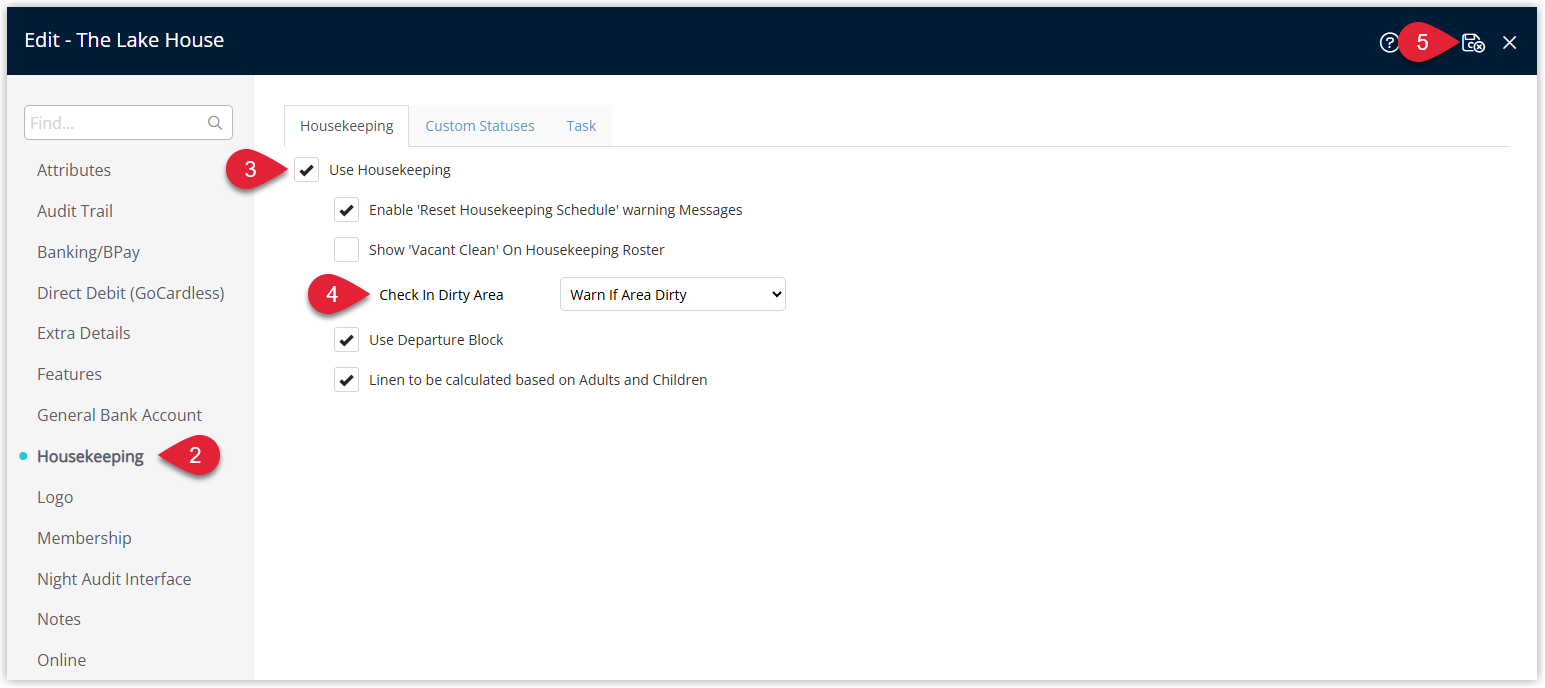 Annotated screenshot of the Edit Property screen in RMS on the Housekeeping tab with the Use Housekeeping checkbox, the Check In Dirty Area dropdown and the Save icon highlighted