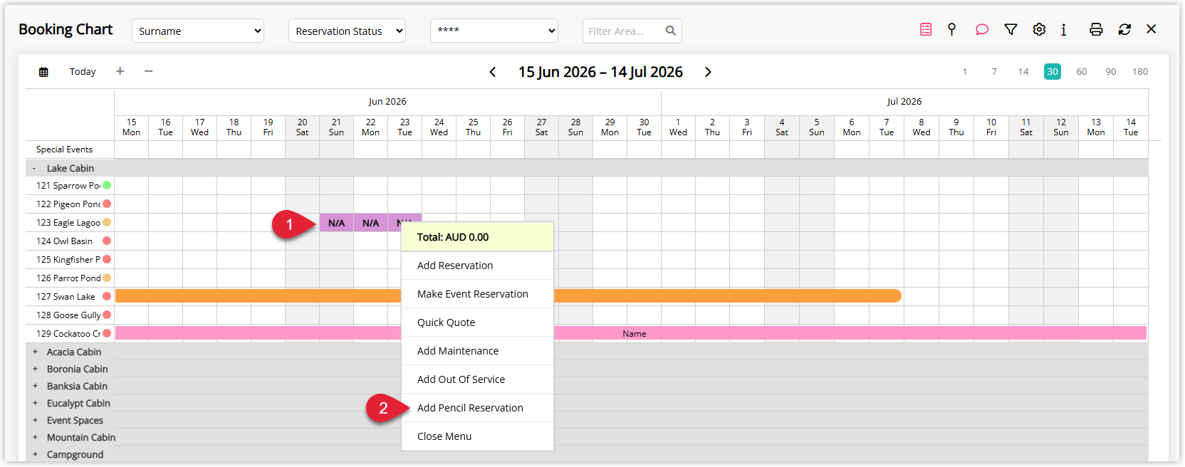 Screenshot of the RMS Booking Chart with a date cell right‑clicked and a context menu visible, highlighting the Add Pencil Reservation option to place a temporary hold..png