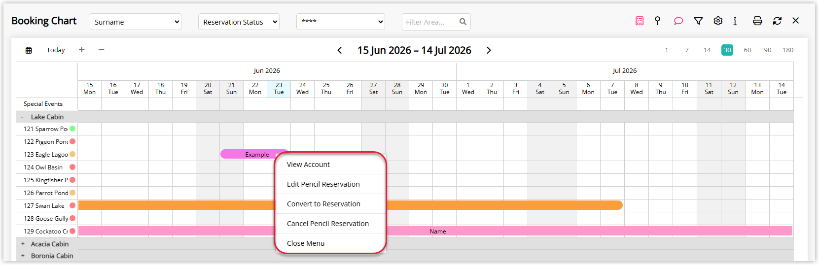 Booking chart showing example pencil reservation and options to edit, cancel or create into reservation.png