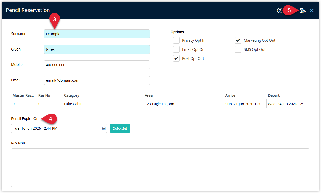 Screenshot of the Pencil Reservation details window in RMS showing fields for Guest Details, opt options and pencil expiry.png