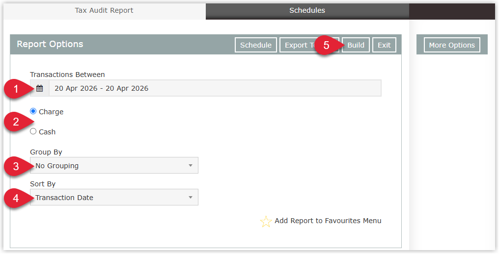 Tax audit report build screen showing date, group by and sort by options.png