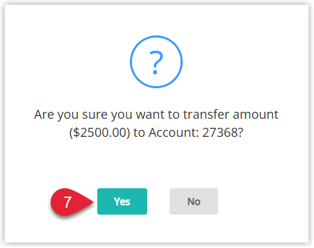 Annotated screenshot of the transfer confirmation dialog in RMS with the Yes button highlighted