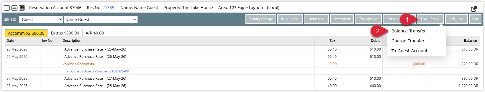 Annotated screenshot of a reservation account in RMS with the Transfer menu and the Balance Transfer option highlighted