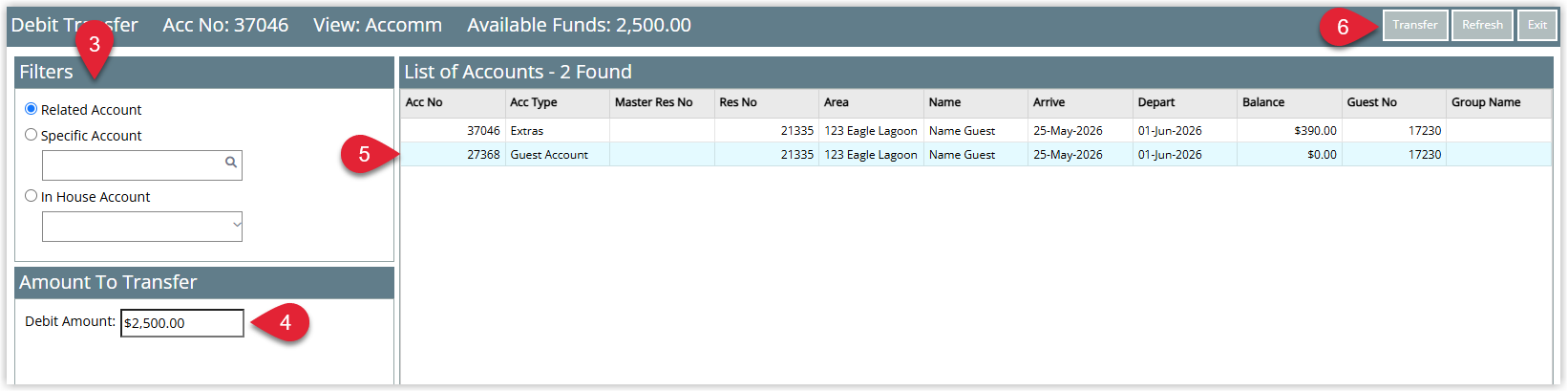 Annotated screenshot of the Debit Transfer dialog in RMS with the Filters panel, the Debit Amount field, an account row and the Transfer button highlighted