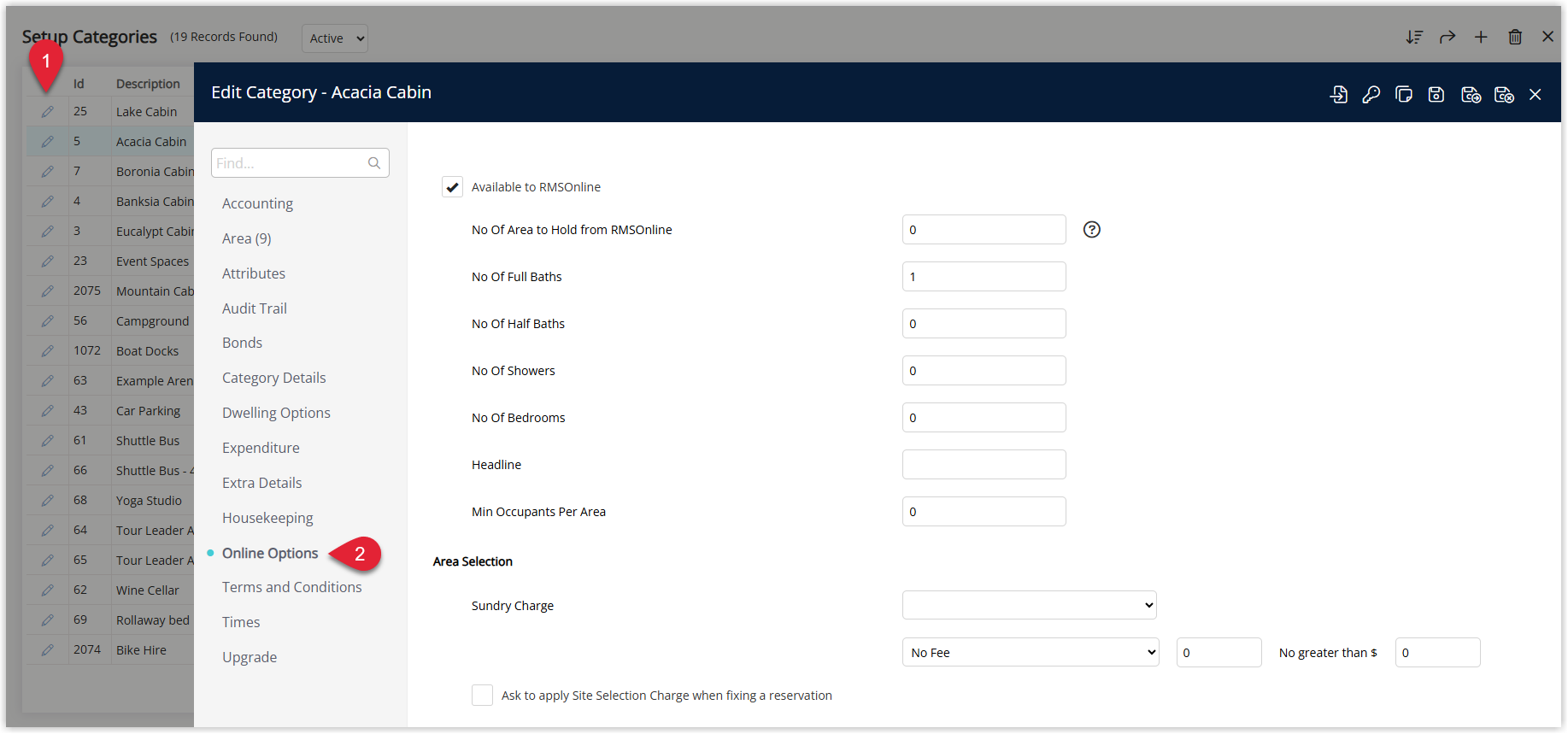 Annotated screenshot of the Edit Category screen in RMS with the Setup Categories list and the Online Options menu item highlighted