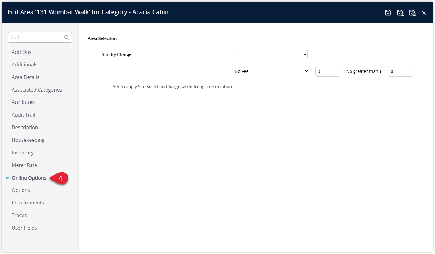 Annotated screenshot of the Edit Area screen in RMS with the Online Options menu item highlighted