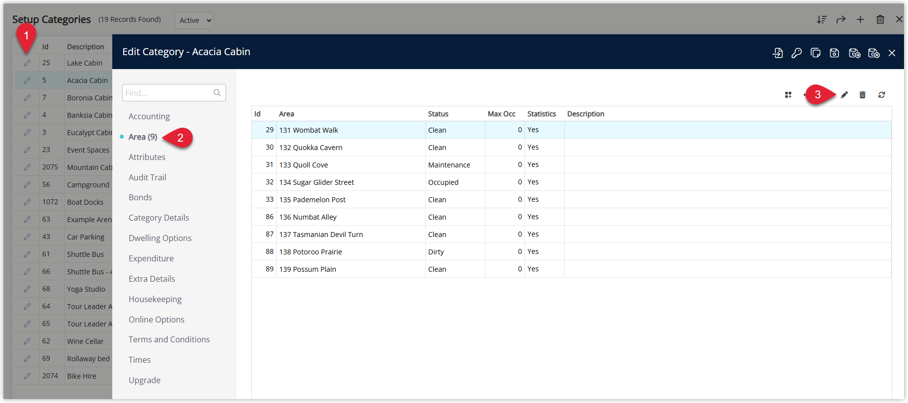 Annotated screenshot of the Edit Category screen in RMS with the Area list and the edit icon highlighted