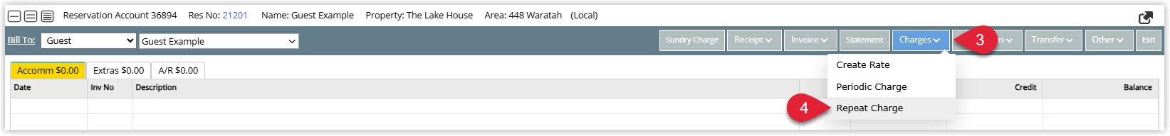 Annotated screenshot of a reservation account in RMS with the Charges menu and the Repeat Charge option highlighted