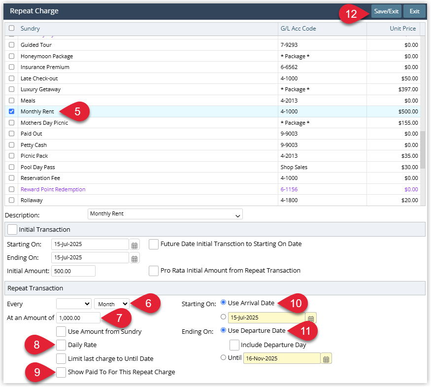 Annotated screenshot of the Repeat Charge setup dialog in RMS with the sundry selection, transaction fields and the Save/Exit button highlighted