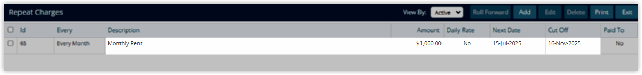 Screenshot of the Repeat Charges list in RMS showing a configured Monthly Rent repeat charge