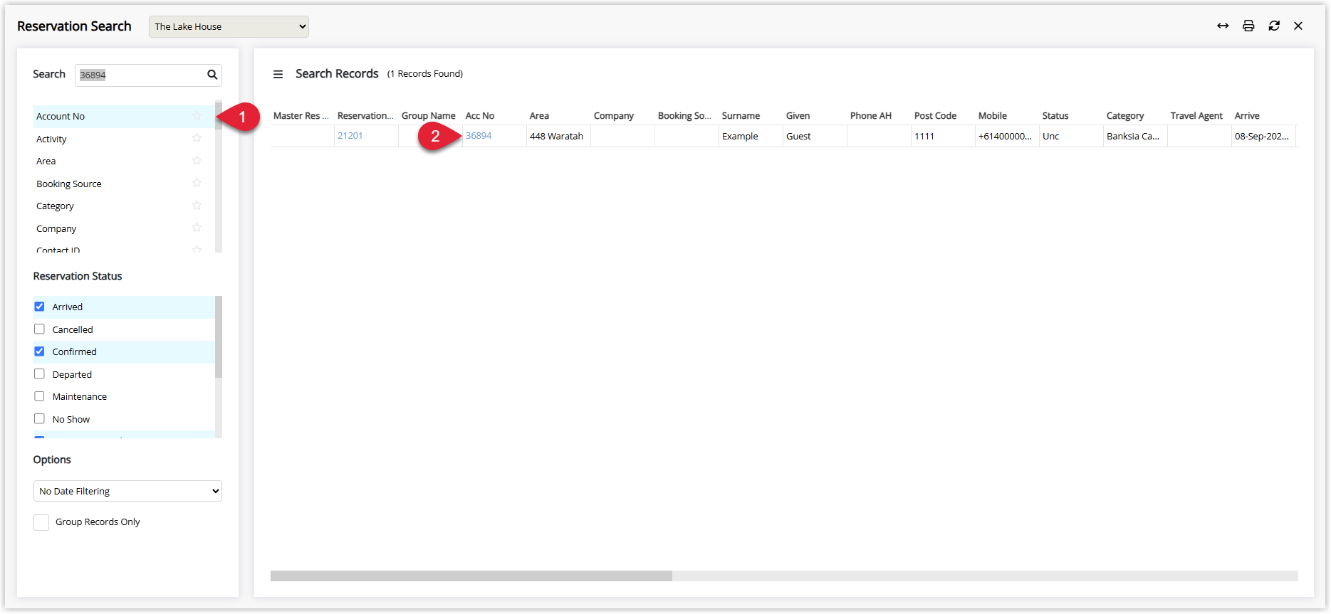 Annotated screenshot of the Reservation Search screen in RMS with the Account No filter and the Acc No link highlighted