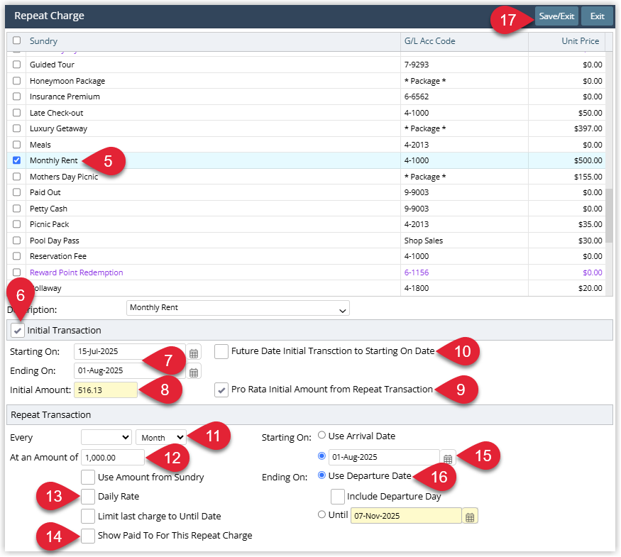 Annotated screenshot of the Repeat Charge setup dialog in RMS with the Initial Transaction, Pro Rata, Repeat Transaction and Starting/Ending On fields and the Save/Exit button highlighted