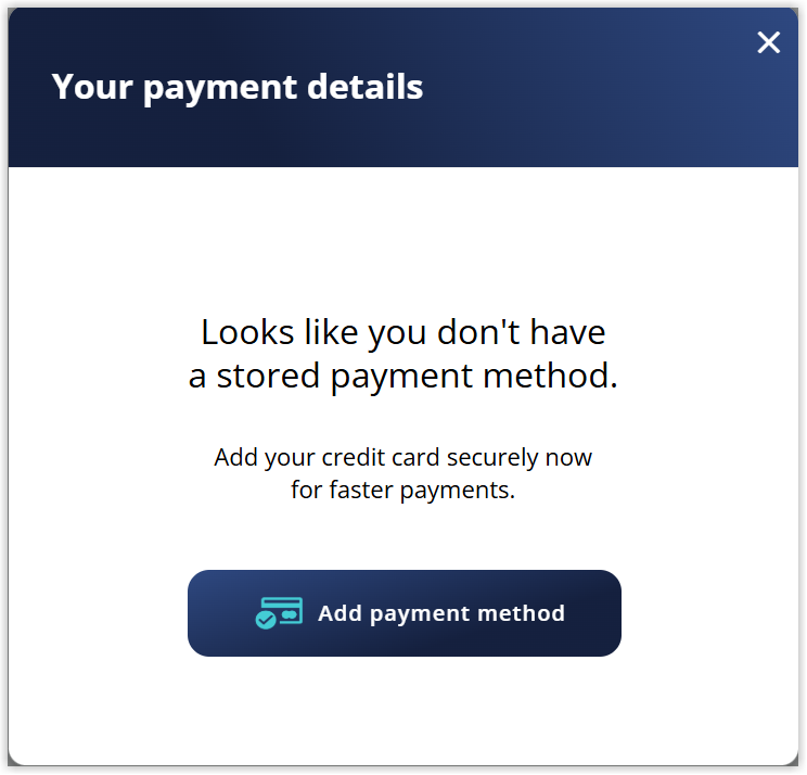 Screenshot of the Your payment details prompt in the Guest Portal with the Add payment method button