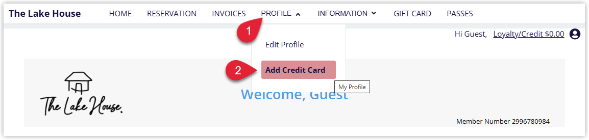 Screenshot of the guest profile in the Guest Portal showing the Add Credit Card option