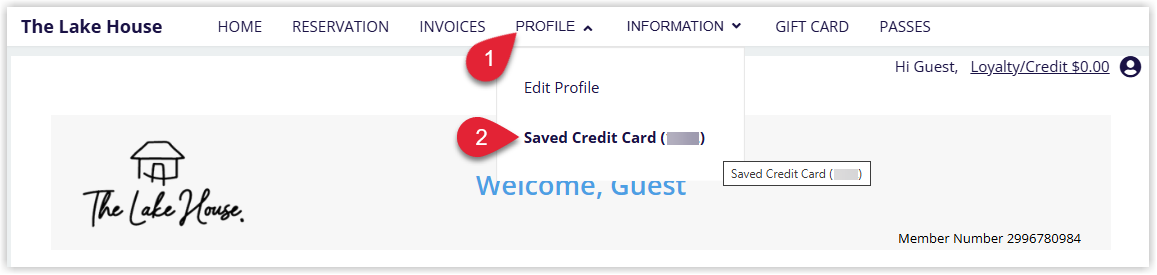 Screenshot of a saved credit card in the Guest Portal profile