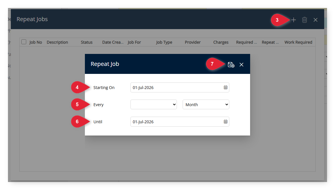 Annotated screenshot of the Repeat Jobs and Repeat Job windows in RMS highlighting the Add button and the Starting On, Every, Until, and Save and Exit controls