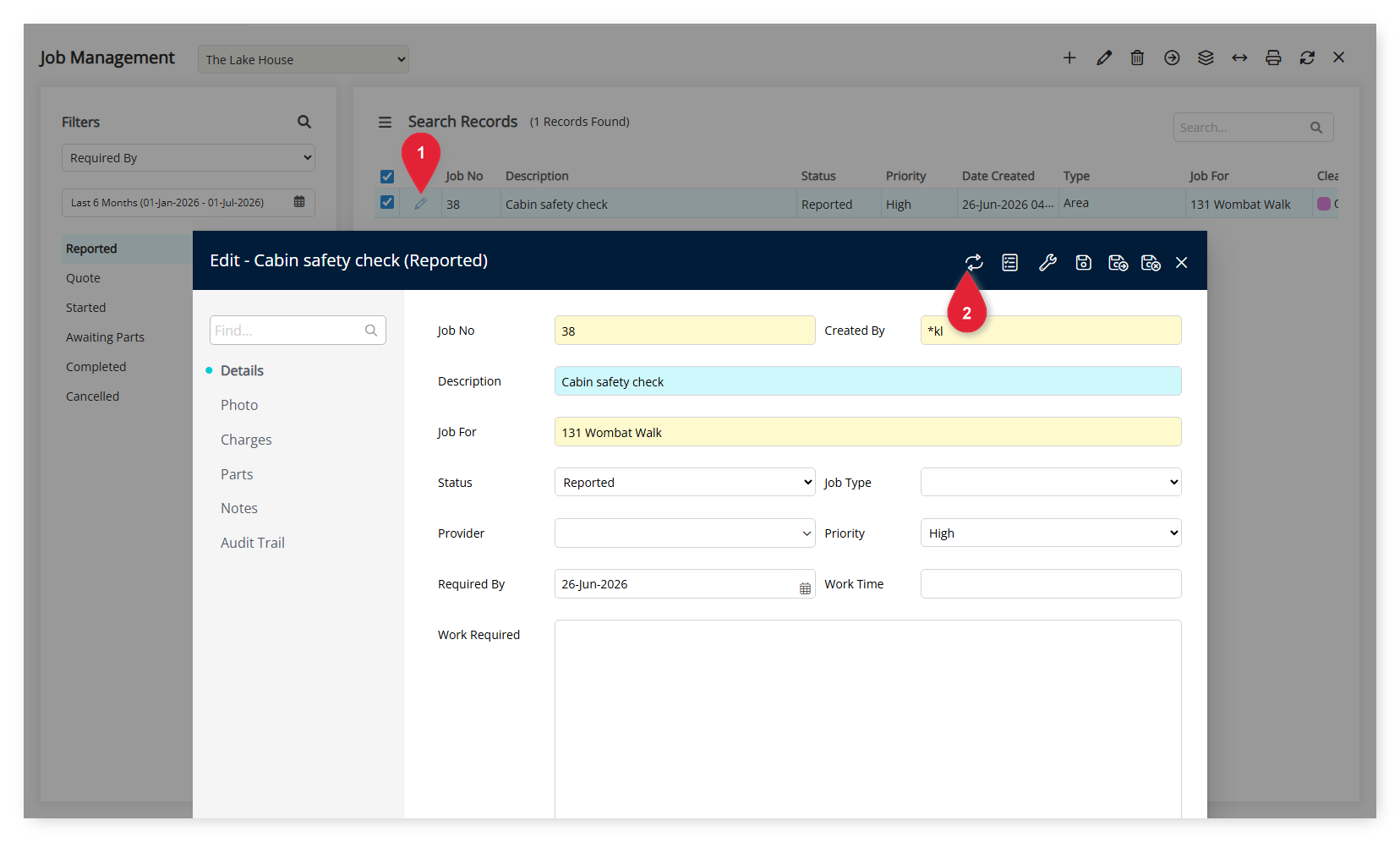Annotated screenshot of the Job Management screen in RMS highlighting the Edit icon on a job and the Repeat icon in the job window toolbar