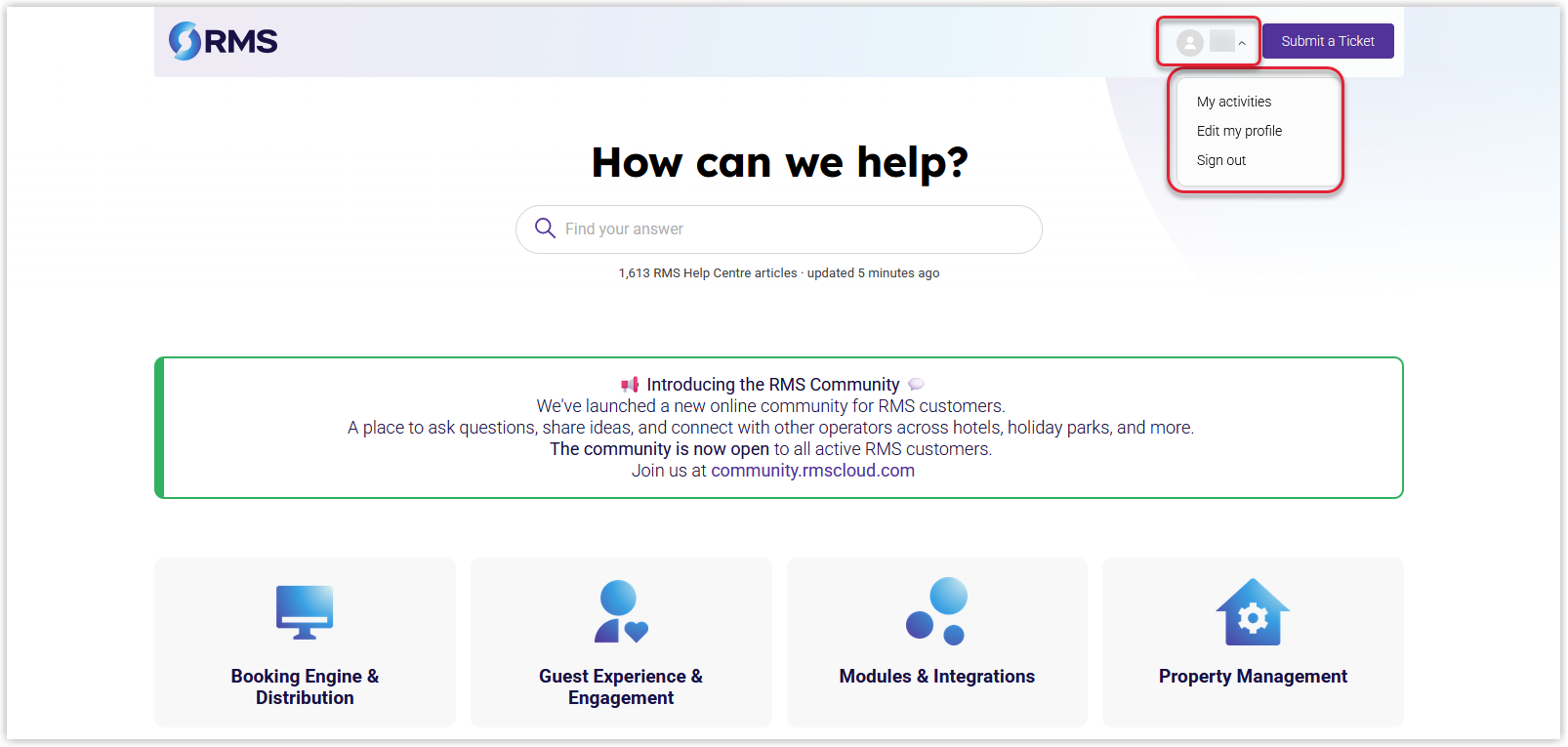 Screenshot of the RMS Customer Support portal with the account menu open showing My activities, Edit my profile, Change password, and Sign out.png