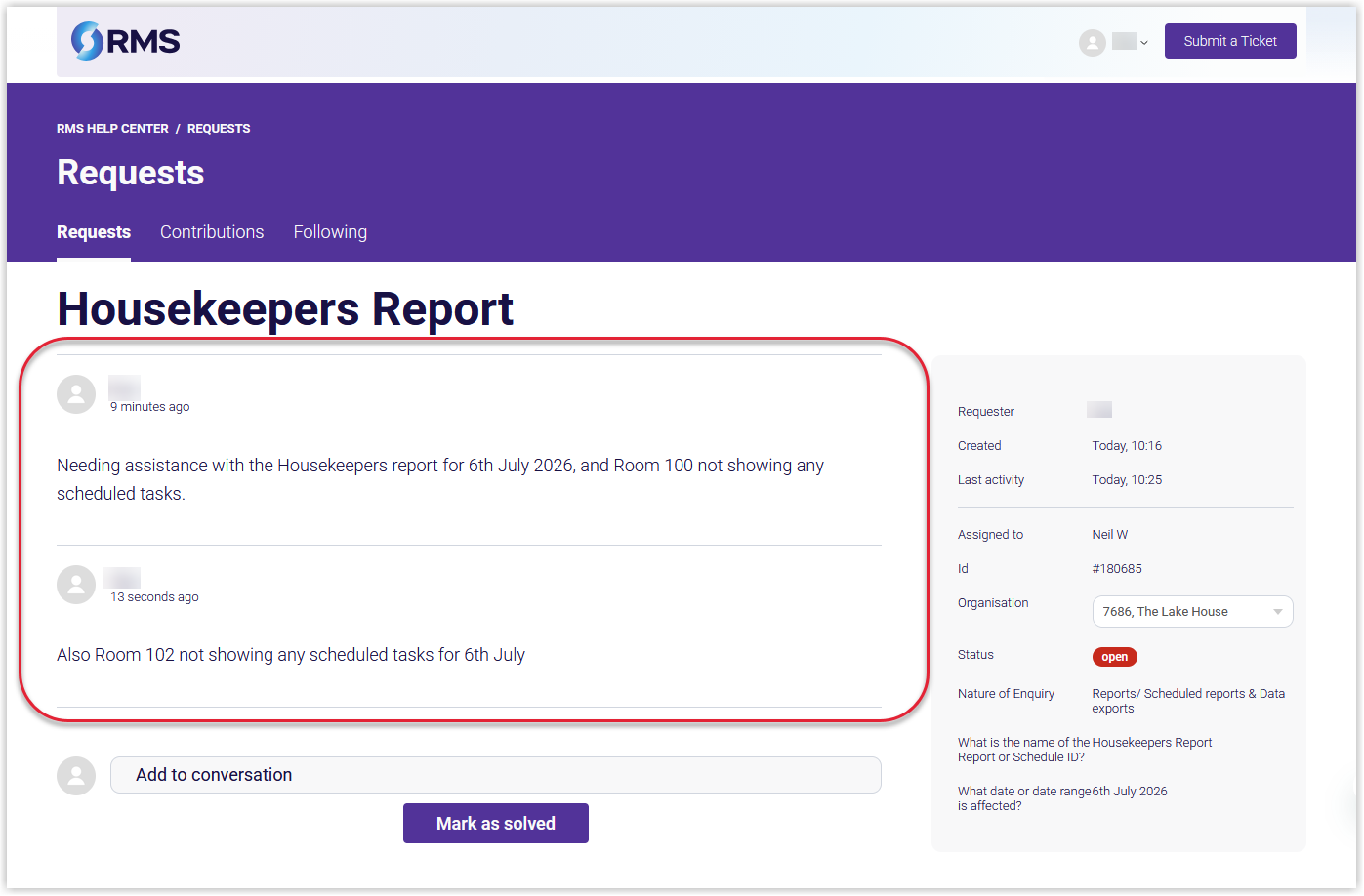 Annotated screenshot of a support request on the RMS Customer Support portal with the comment thread highlighted.png