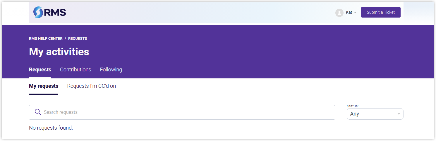 Screenshot of the My activities page on the RMS Customer Support portal showing the list of support requests.png