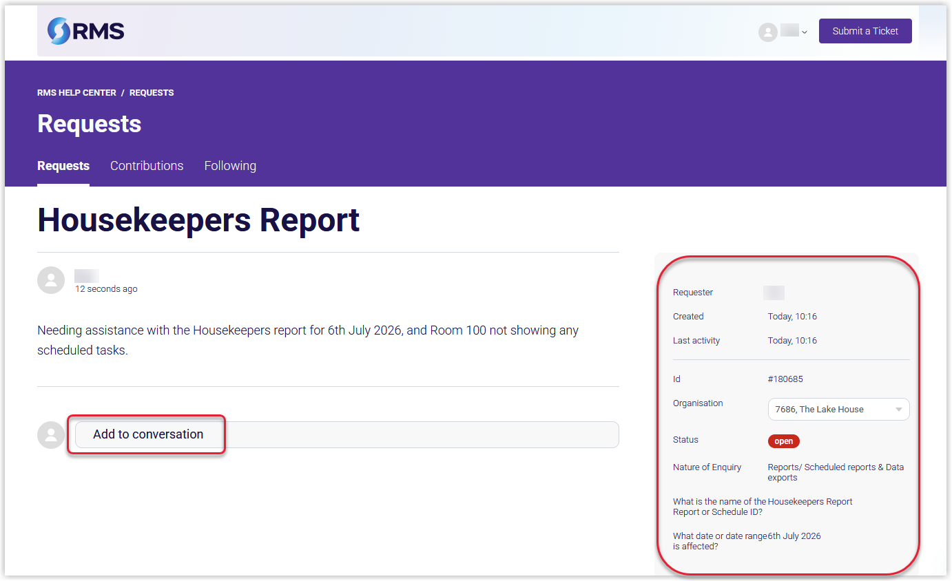 Annotated screenshot of a support request on the RMS Customer Support portal with the request details panel showing status, priority, and type highlighted.png