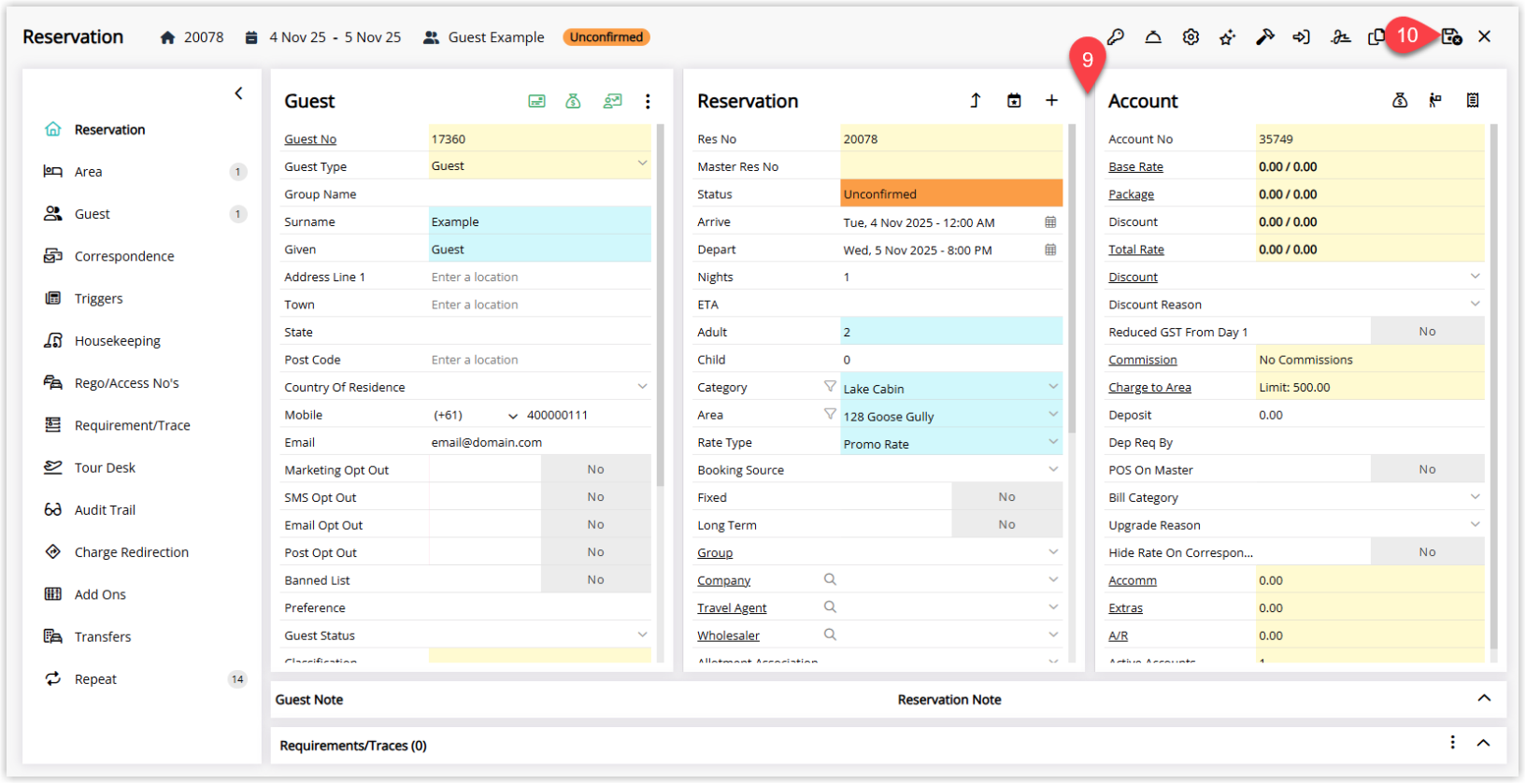 Annotated screenshot of a reservation in RMS with the Category and Area selected by attribute and the Save and Exit icon highlighted.png