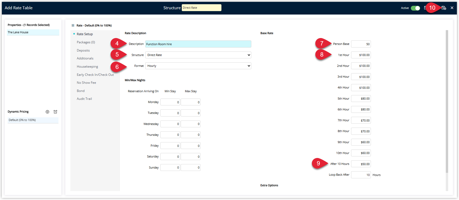 Annotated screenshot of the Add Rate Table dialog in RMS with the After 10 Hours field, the Loop Back After field, the day-of-week grid and the Save icon highlighted.png