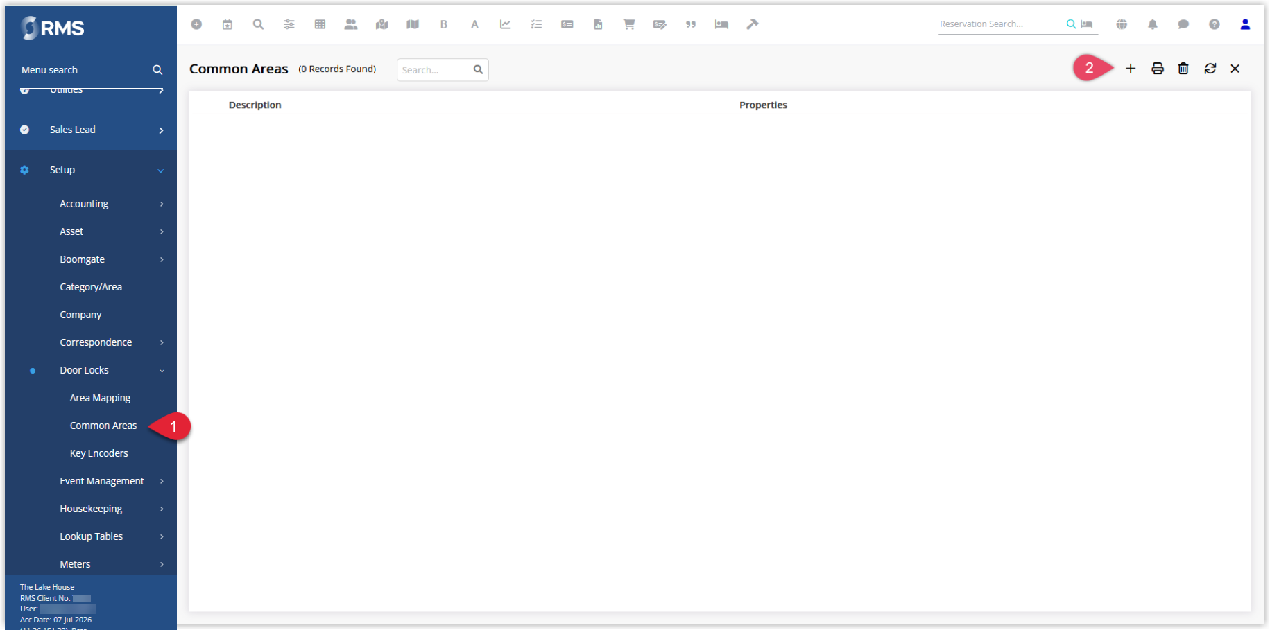 Annotated screenshot of the Common Areas list in RMS with the Common Areas menu item and the Add icon highlighted.png