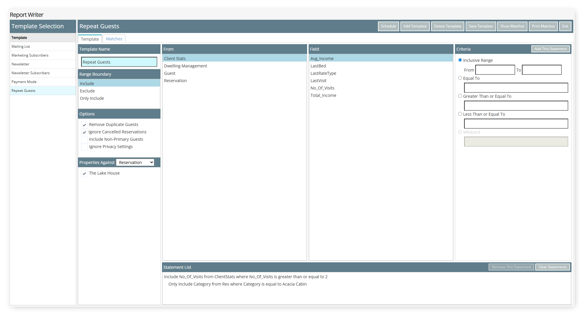 Screenshot of the Report Writer Template screen in RMS showing the Repeat Guests template with two statements in the Statement List