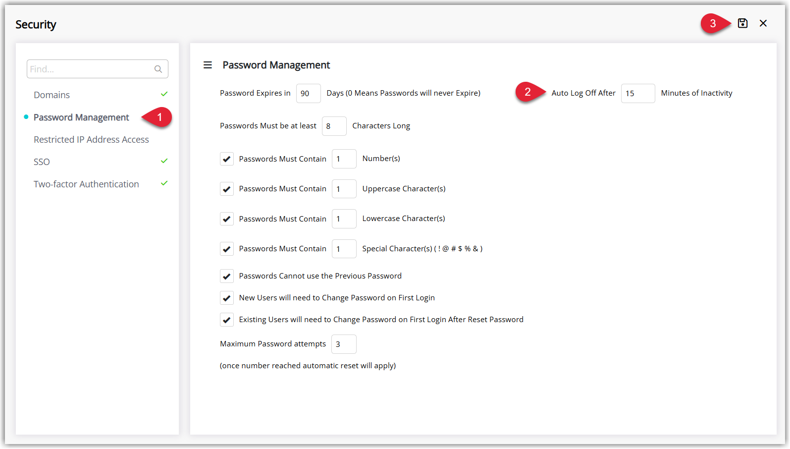 Password Management settings screen in RMS showing the Auto Log Off After X minutes of Inactivity Option.png