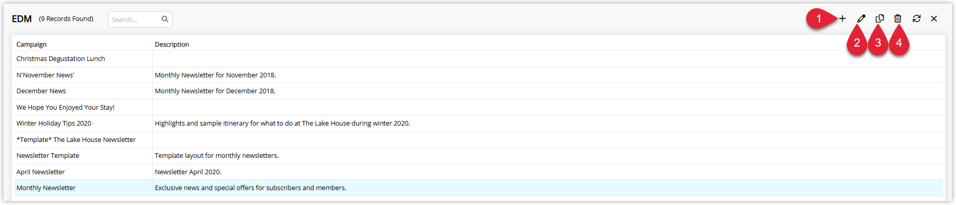 Annotated screenshot of the EDM Create Campaign screen in RMS highlighting the Add, Edit, Copy and Delete icons