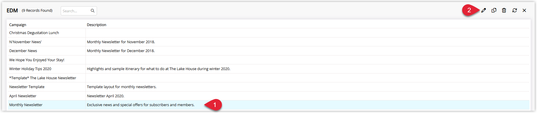 Annotated screenshot of the EDM Create Campaign screen in RMS highlighting a selected campaign and the Edit icon