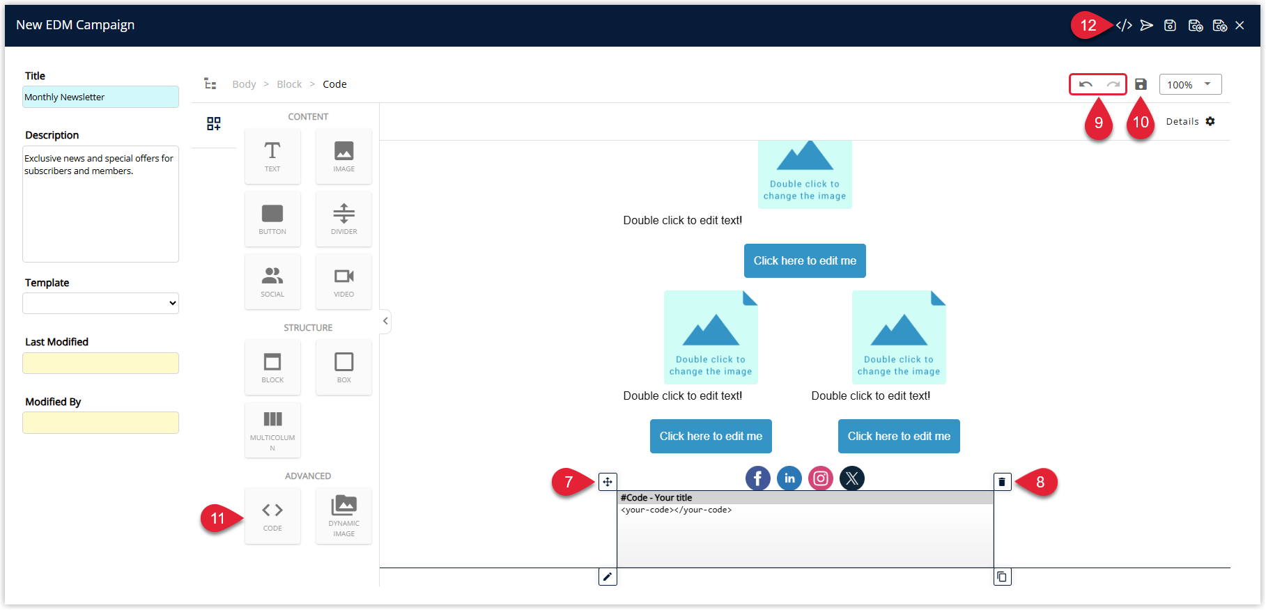 Annotated screenshot of the EDM campaign editor in RMS highlighting the Move, Delete, Undo, Redo and Save controls and the Code element