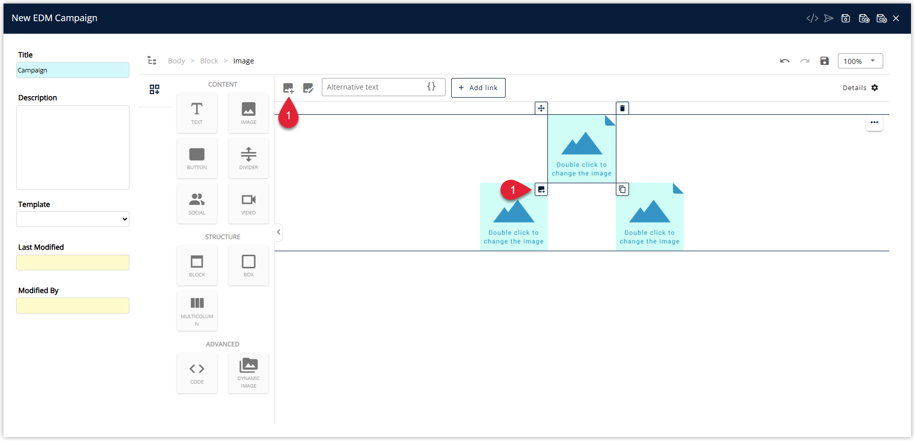 Annotated screenshot of the EDM campaign editor in RMS highlighting the image element controls and the Alternative text field