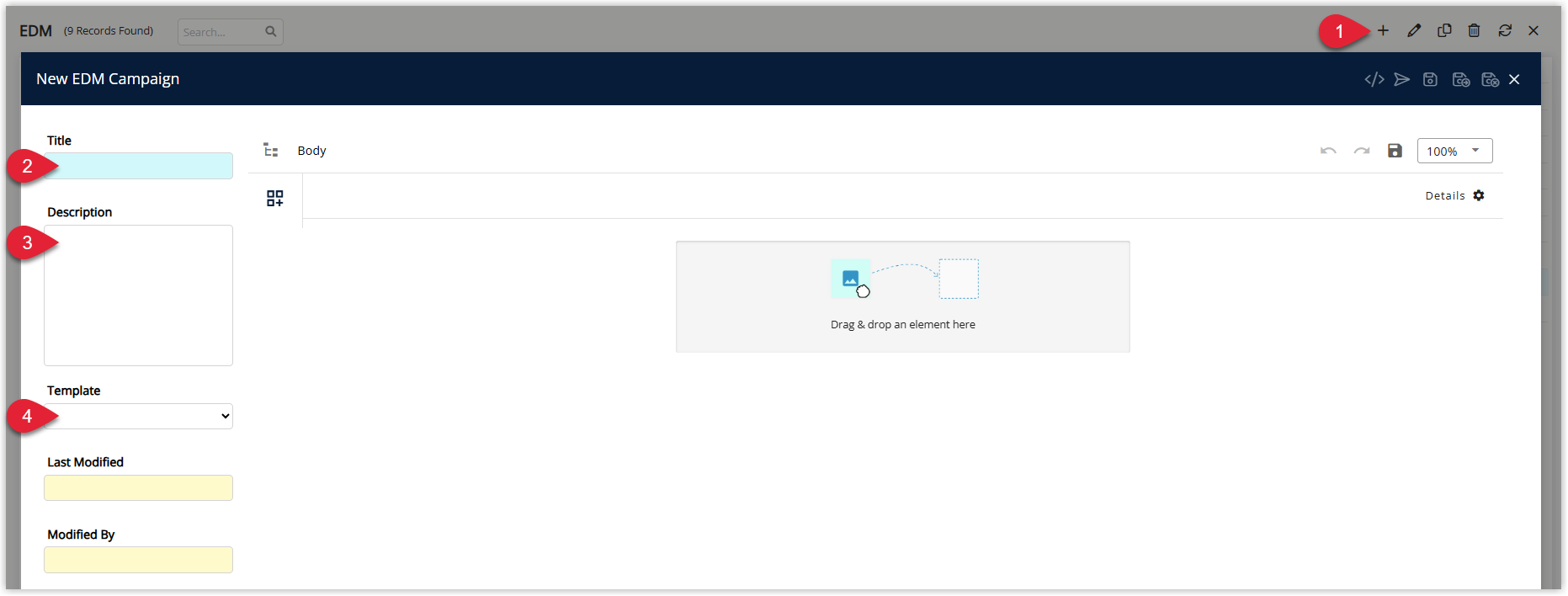 Annotated screenshot of the New EDM Campaign screen in RMS highlighting the Add icon and the Title, Description and Template fields