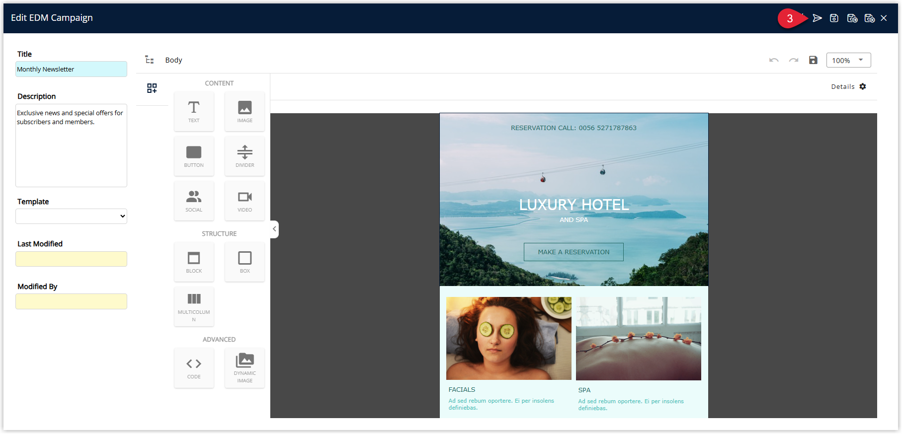 Annotated screenshot of the Edit EDM Campaign screen in RMS highlighting the Send icon